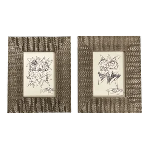 1980’s 2 Original Wayne Cunningham Small Abstract Ink Drawings Ornate Tabletop Frames-A Pair
