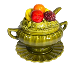 Mid-Century Majolica California Pottery Olive Green Della Robbia Soup Tureen Fruit Trompe L’Oeil