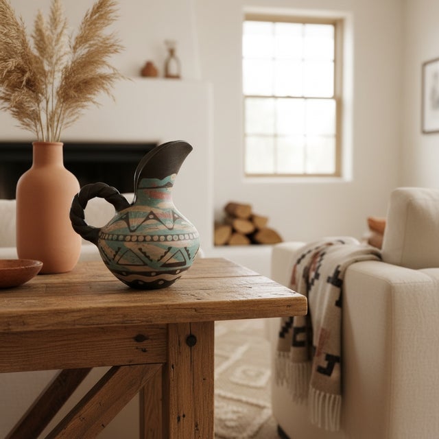 1990s Handmade Peruvian Pottery Pitcher – Tribal Geometric Painted Ceramic With Twisted Handle For Sale - Image 4 of 8