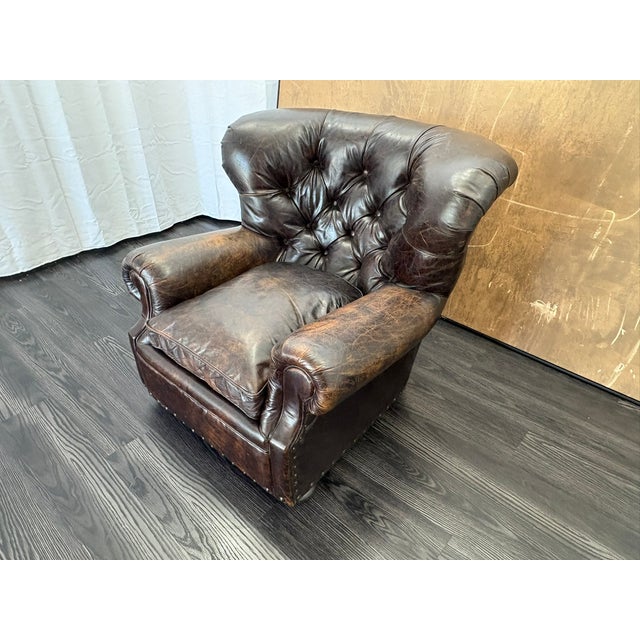 Rh Churchill Leather Chair With Nailheads Vintage Ebony Leather | Down-Feather Fill | Classic Depth For Sale In Columbus - Image 6 of 18