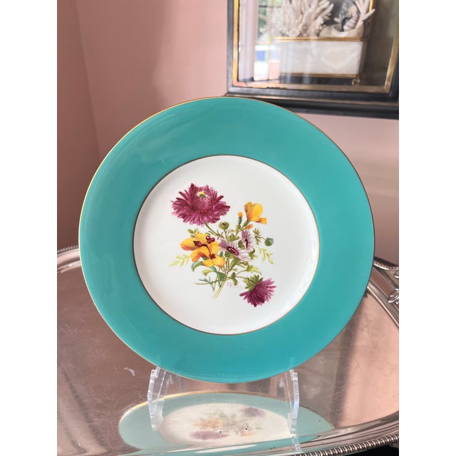 1940s Rare Set of Hand-Painted Minton Floral Dinner Plates With Aqua Band and Gilt Rim // Signed by Artist J Colclough // Set of 9 For Sale In Kansas City - Image 6 of 12