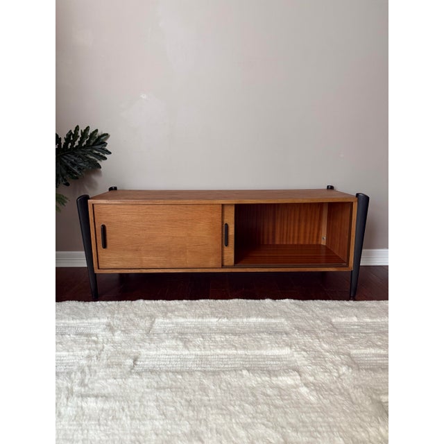 Mid-Century Modern Vintage MCM Teak Media Cabinet/Console With “Exoskeleton” Legs and Sliding Doors For Sale - Image 3 of 12