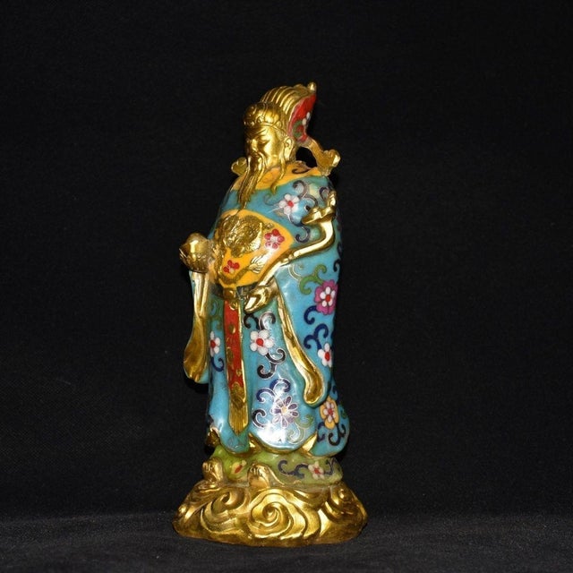This is a vibrant vintage Chinese cloisonné enamel figure of the God of Wealth (Caishen), crafted from a copper body with...