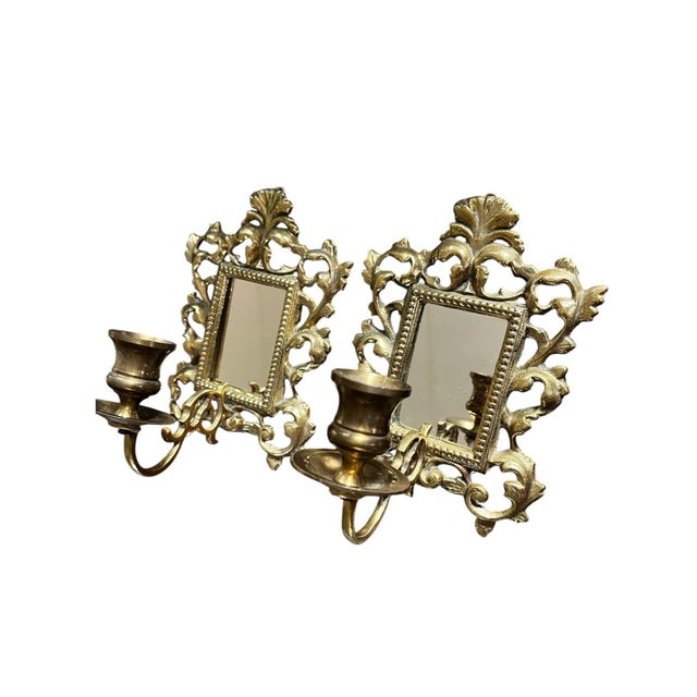 Metal VTG Brass Set Pair Heavy Ornate Victorian 7.5” Wall Candle Holder Sconce Mirrors For Sale - Image 7 of 16