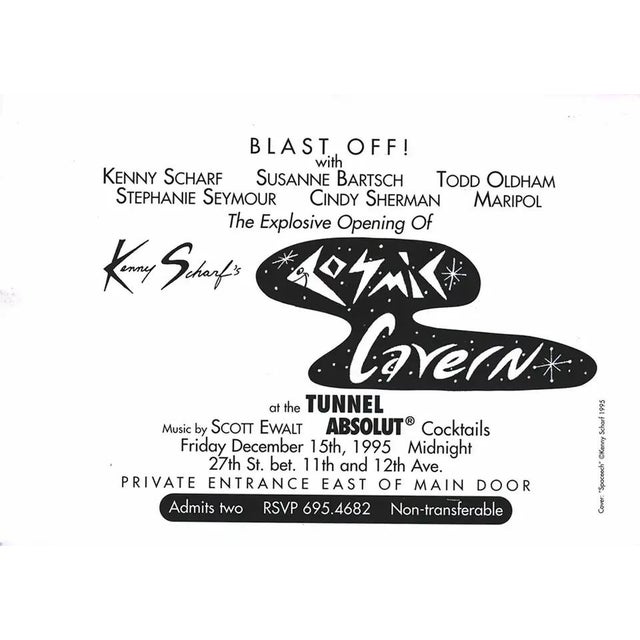 Kenny Scharf Cosmic Tavern: A set of 2 rare 1990s announcement cards designed by Scharf on the occasion(s) of the grand-...
