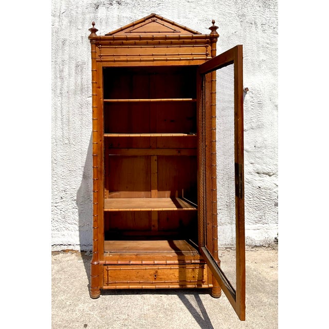 Brown Vintage Coastal Carved Bamboo Wire Front Armoire For Sale - Image 8 of 11