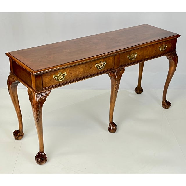 Vintage Baker Furniture Chippendale 5-Leg Burl Walnut & Mahogany Console Table For Sale - Image 10 of 16
