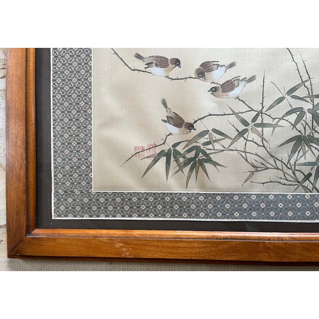 Mid 20th Century Vintage Chinese Birds and Bamboo Painting on Silk, Framed For Sale - Image 4 of 9