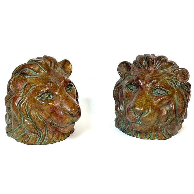 Metal Pair of Regal Bronze Lion Head Bookends with Verdigris Patinated Highlights For Sale - Image 7 of 11