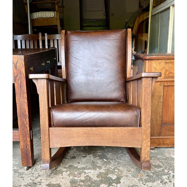 Wood 1910s Mission Oak Stickley Brothers Rocking Chair W/ Leather Upholstery For Sale - Image 7 of 8