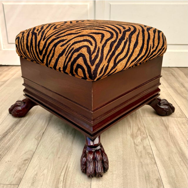Mid-Century Regency Revival Paw Foot Ottoman in Tiger Upholstery For Sale - Image 10 of 11