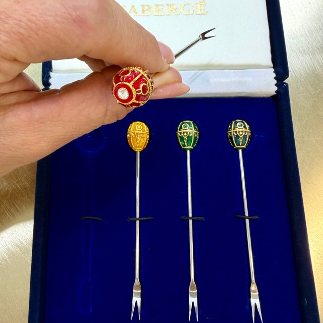 Vintage Fabergé Imperial Collection Enameled Egg Set of 4 Topped Cocktail Forks For Sale - Image 11 of 11