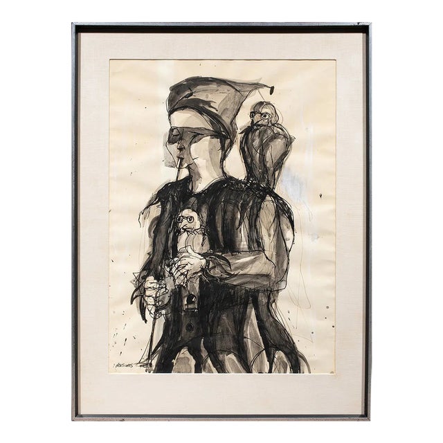 Arnold Mesches Watercolor Original Painting Carnival Performer With Birds 1961 Art For Sale