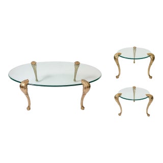 1970s Chapman Manufacturing Brass and Glass Coffee Table and Side Tables Set - 3 Pieces For Sale