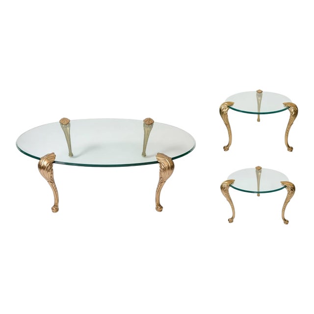1970s Chapman Manufacturing Brass and Glass Coffee Table and Side Tables Set - 3 Pieces For Sale