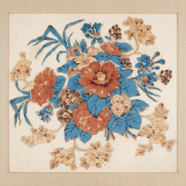 Floral bouquet chintz appliqué quilt square in red, blue, tan, and brown. Framed with a silk mat in UV filtering...