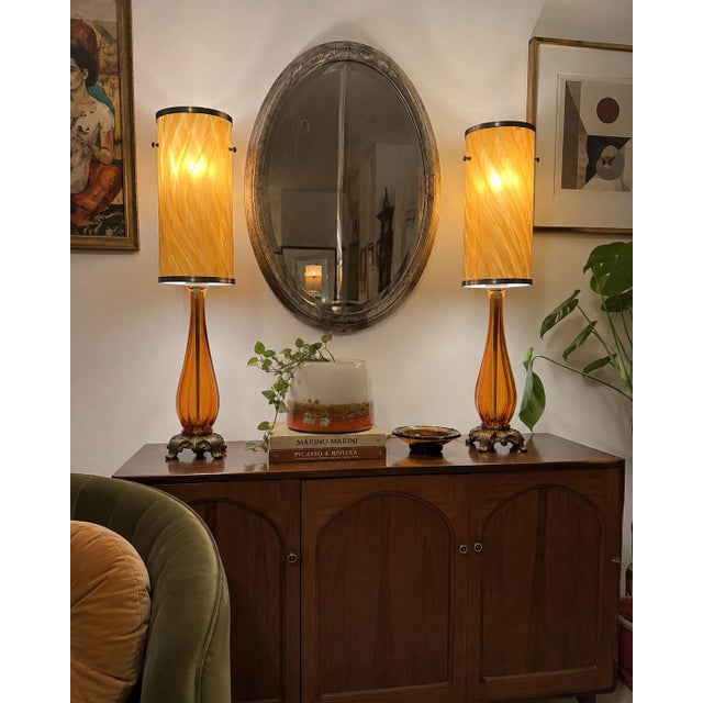 Murano Vintage Mid-Century Modern Amber Murano Style Swirl Glass Table Lamps - a Pair For Sale - Image 4 of 8