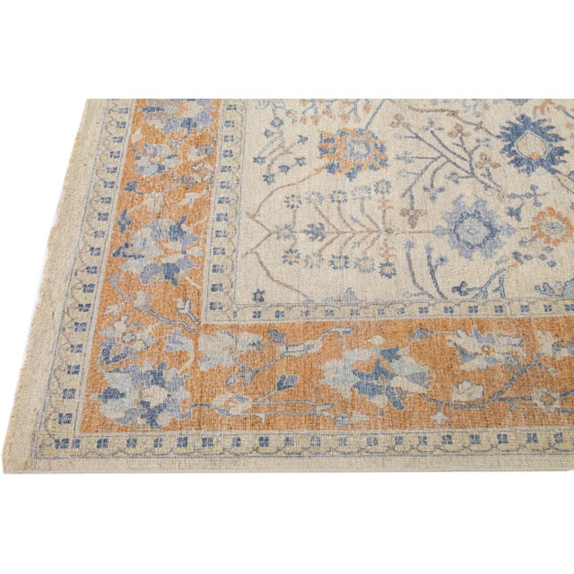 Apadana's Artisan Collection Handmade Floral Designed Beige and Orange Wool Rug For Sale - Image 4 of 7