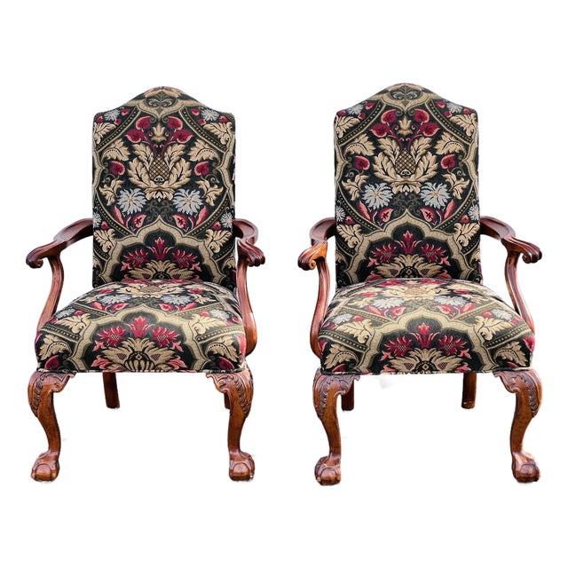 Century Furniture Chippendale Style Carved Mahogany Armchairs With Ball & Claw Feet a Pair For Sale