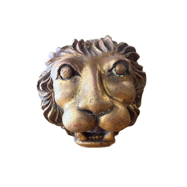 Pair of Vintage Gilt Lion Head Sculptures, Italian Neoclassical Style For Sale - Image 13 of 13
