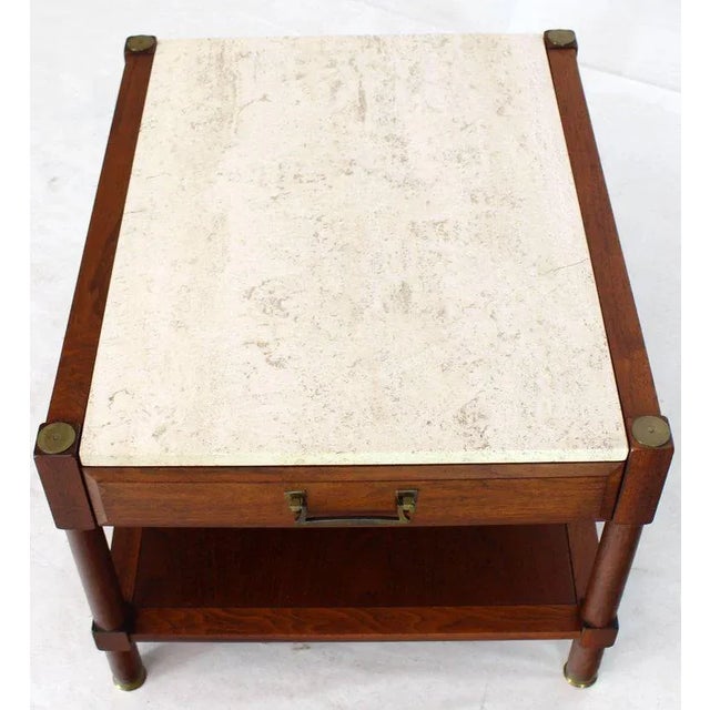 1970s Mid-Century Modern Travertine Tops One Drawer Oiled Walnut End Tables - a Pair For Sale - Image 10 of 14