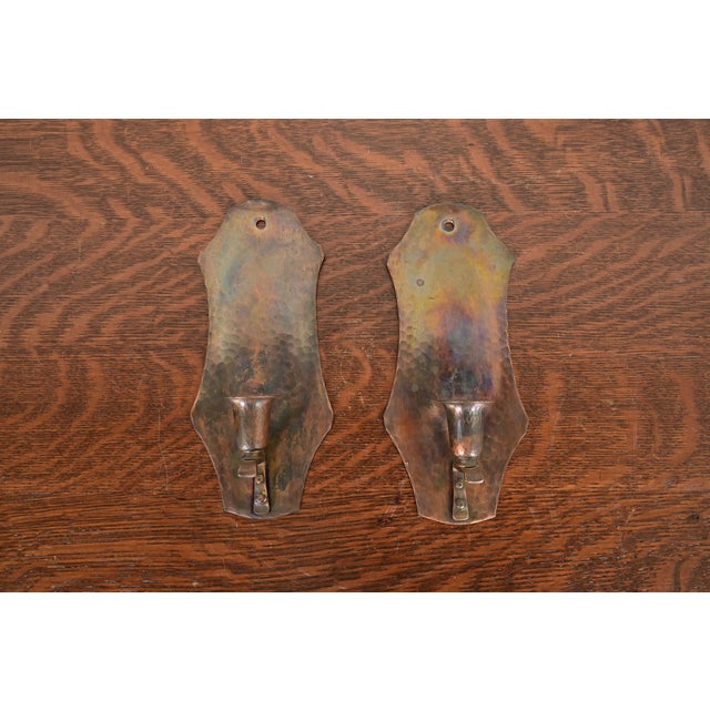 Arthur Cole for Avon Coppersmith Arts & Crafts Hammered Copper Candle Wall Sconces, Pair For Sale - Image 11 of 11