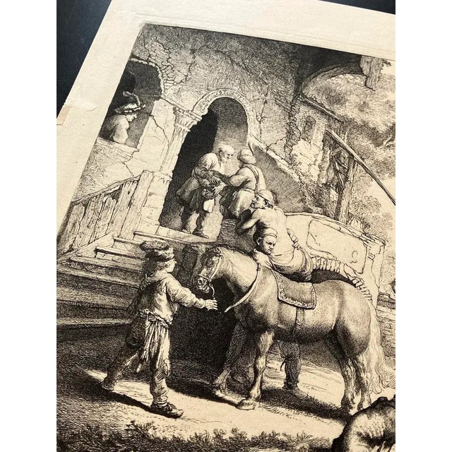 Mid 20th Century Vintage Rembrandt "The Good Samaritan" Etching Reproduction | Mid-Century Old Master Art Print on Hand-Laid Paper For Sale - Image 5 of 12