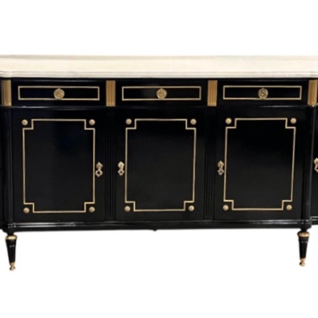 Louis XVI Style Ebonized Enfilade Buffet With Carrara Marble Top Bronze Mounts For Sale In Tampa - Image 6 of 12