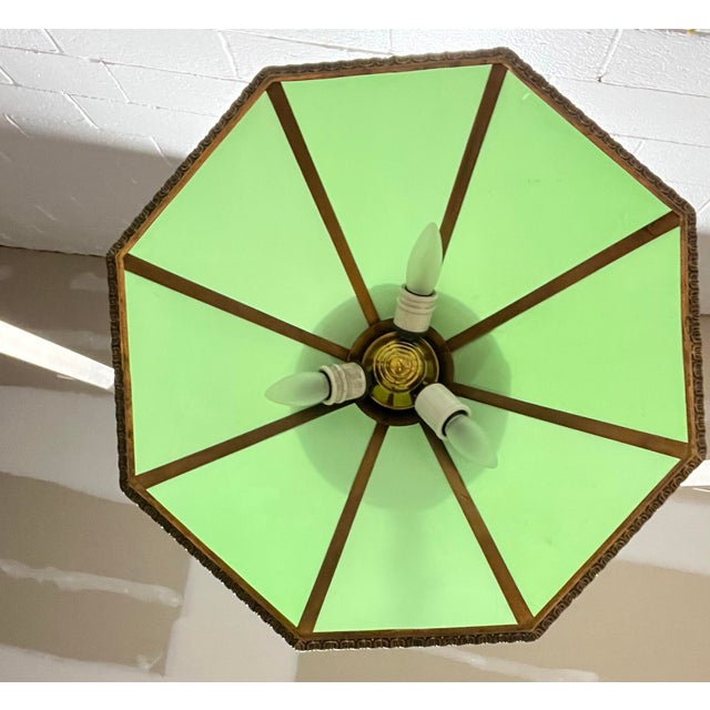 Vintage Brass & Green Glass Octagonal Three-Light Pendant Chandelier For Sale - Image 4 of 12