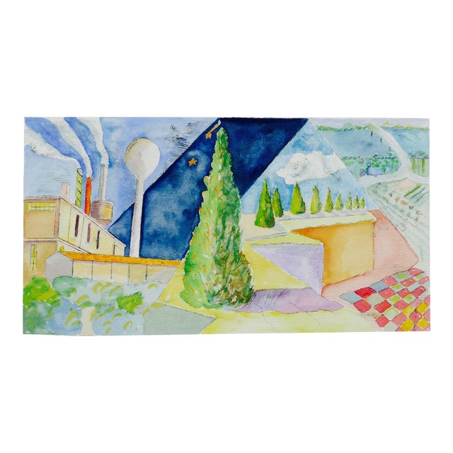Martha Holden "Cubist French Landscape" Watercolor and Etching on Paper For Sale