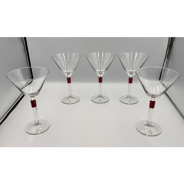 Contemporary Vintage Set of 5 Cocktail Beefeater London Dry Gin Martini Glasses Etched Logo For Sale - Image 3 of 9
