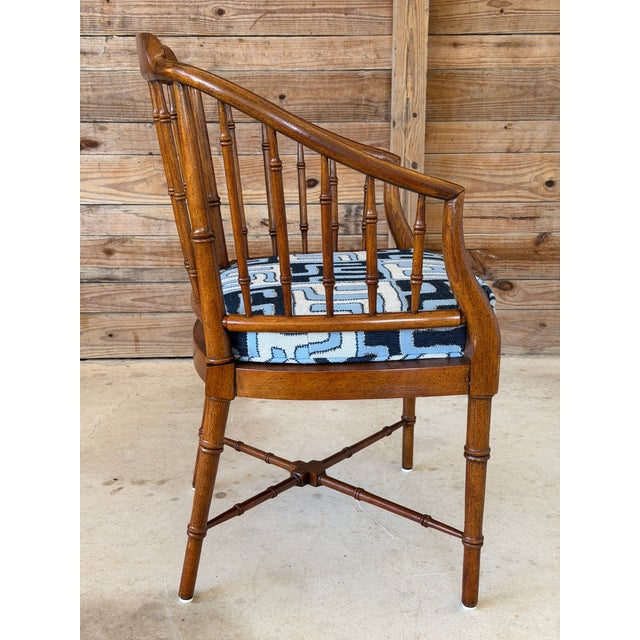 Vintage Chinoiserie Drexel Heritage Faux Bamboo Walnut Spindle Arm Chair Newly Upholstered For Sale - Image 9 of 12