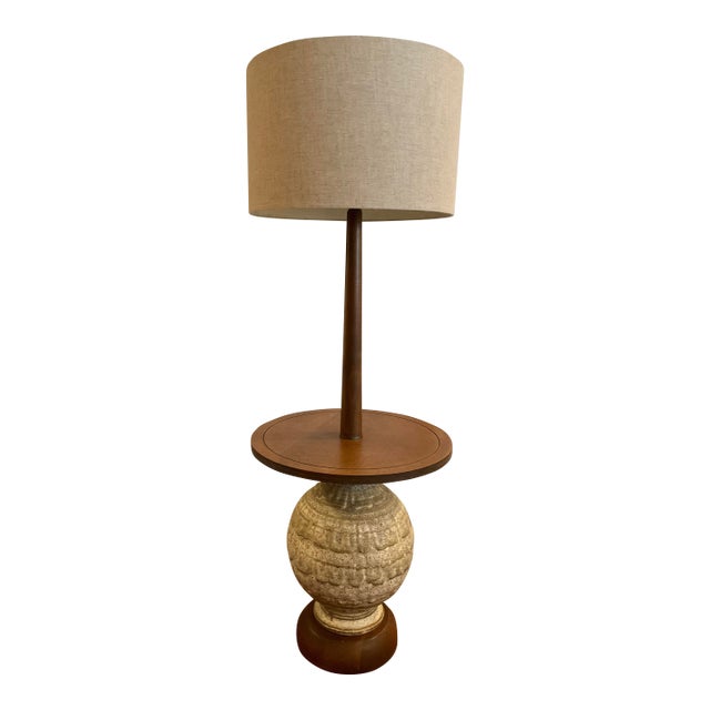 1970s Martz-Style Ceramic and Walnut Floor Lamp With Table For Sale