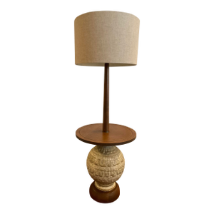 1970s Martz-Style Ceramic and Walnut Floor Lamp With Table