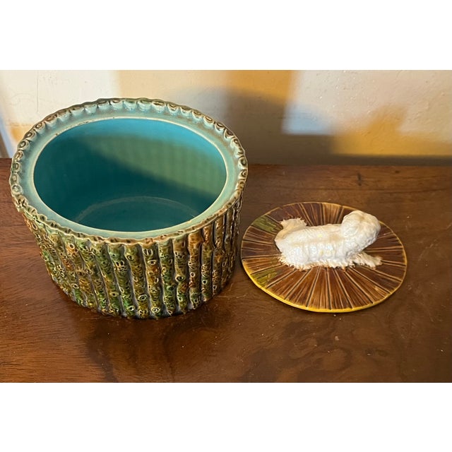 Antique 19th Century George Jones English Majolica Bamboo Faux Bois Oval Desk Box With White Dog Finial For Sale - Image 10 of 13