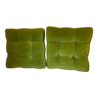 Vintage Green Velvet Square Tufted Pillows - a Pair For Sale