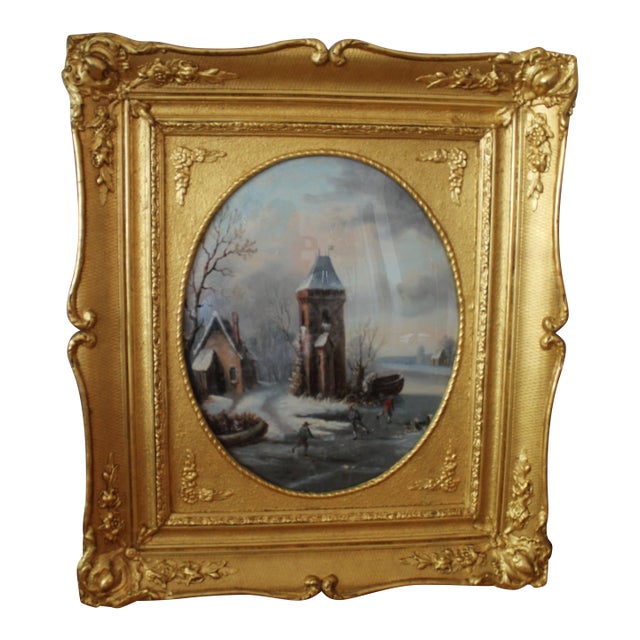 18th-Century Dutch Églomisé Painting – Reverse Glass Art With Gilding | 21x24 Inches | Framed – Winter Landscape – 21"x24" – Ornate Gilded Frame For Sale