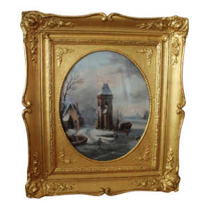 18th-Century Dutch Églomisé Painting – Reverse Glass Art With Gilding | 21x24 Inches | Framed – Winter Landscape – 21"x24" – Ornate Gilded Frame