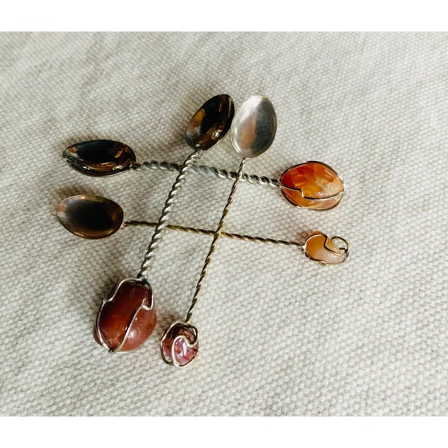 Mid-Century Sterling Silver Spoons With River Amber Stones, Set of Four For Sale - Image 11 of 12