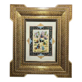 Oriental Indo Syrian Gouache Polo Game Painting Gilded Brass Micromosaic Frame For Sale