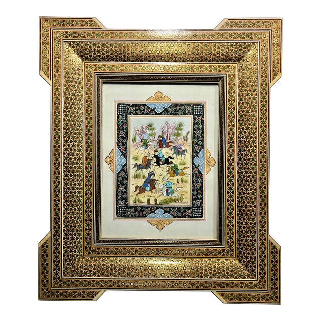 Oriental Indo Syrian Gouache Polo Game Painting Gilded Brass Micromosaic Frame For Sale
