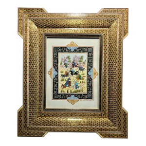 Oriental Indo Syrian Gouache Polo Game Painting Gilded Brass Micromosaic Frame