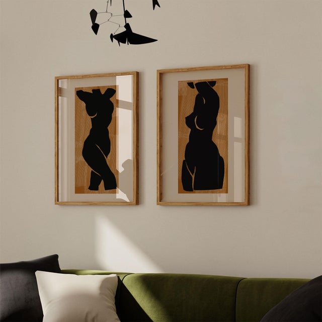 Set of 2 woman figure open edition giclee prints. 20"x28" Elegant black feminine forms on beige and brown background....