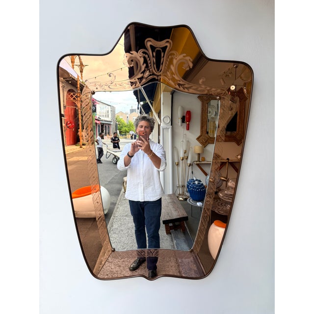 Mirror Brass and Pink Colored Glass by Giovanni Battista Gariboldi Italy, 1950s For Sale - Image 15 of 15