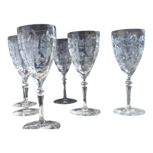 1930s Rock Sharpe Water Glasses Bird of Paradise Floral Set of Five (5x) For Sale