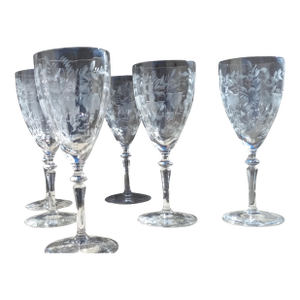1930s Rock Sharpe Water Glasses Bird of Paradise Floral Set of Five (5x)