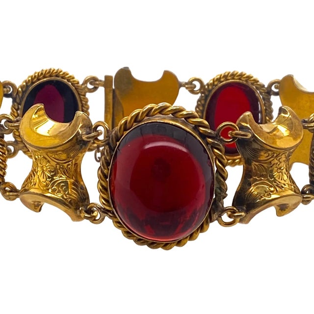 Victorian Early Victorian Pinchbeck Gold & Cabochon Garnet Paste Link Bracelet For Sale - Image 3 of 6