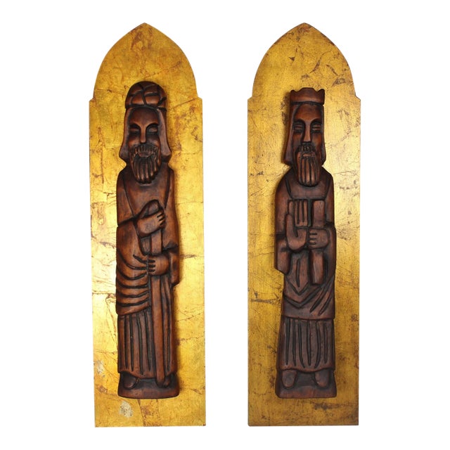 1960s Jaru California 36" Wall Art Wood Carved Figures Gold Plaques For Sale