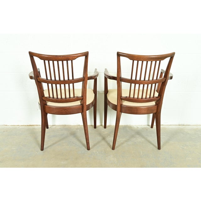 Paul McCobb Style Mid-Century Modern Sculpted Walnut Spindle Back Armchairs, Pair For Sale - Image 11 of 13