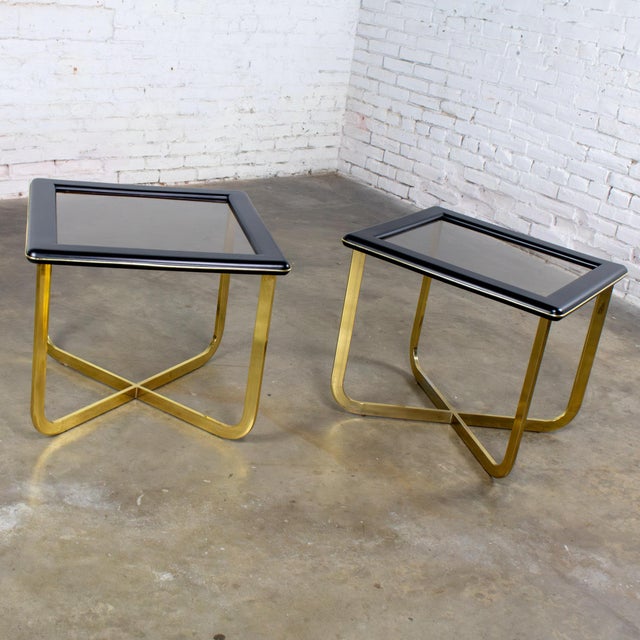 Late 20th Century Modern End or Side Tables 1 Rectangle & 1 Square W/Glass Inset Tops & Brass Plate Bases For Sale - Image 6 of 18